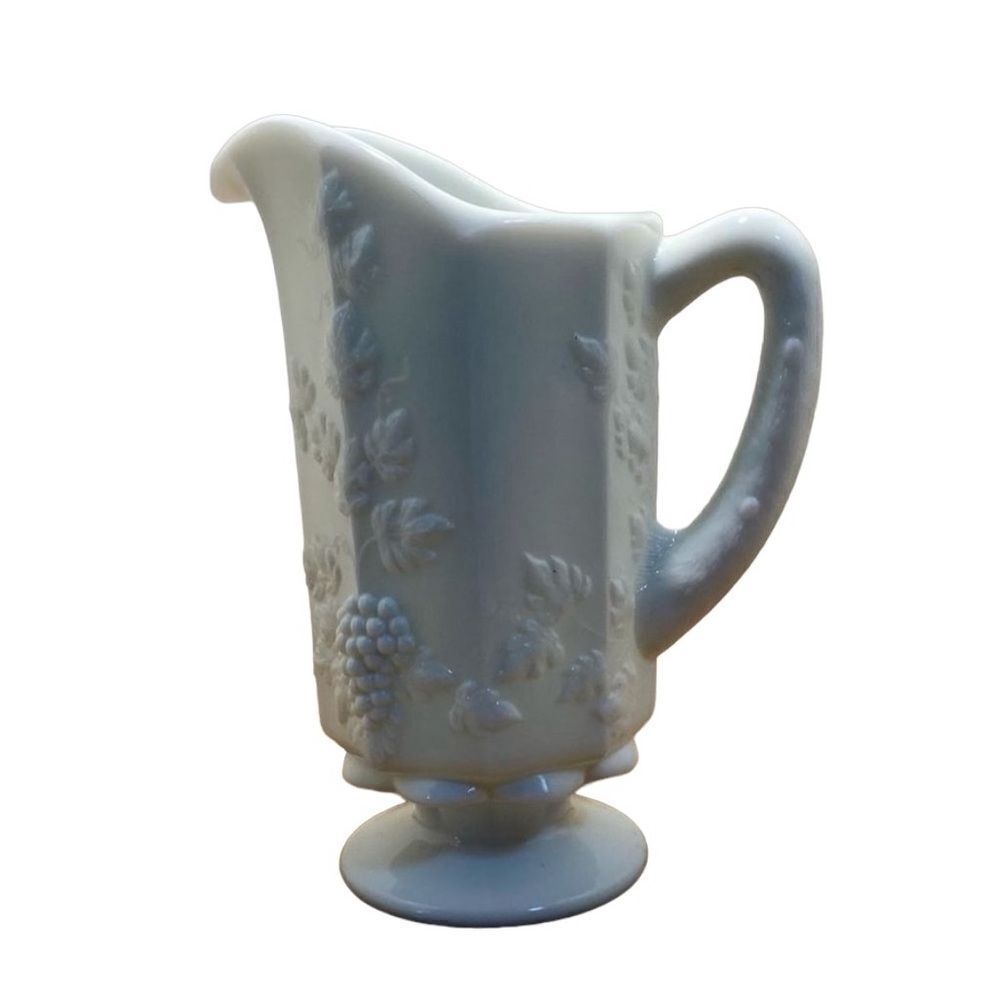 Vintage Pedestal Milk Glass Handled Pitcher 9” Tall Grapes & Leaves